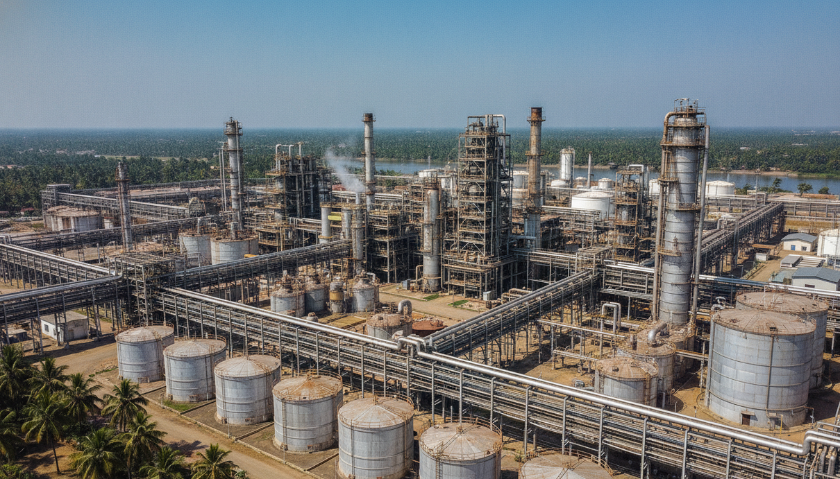 Промышленный комплекс завода по переработке редкоземельных металлов Indian Rare Earths Limited в городе Алува, Индия.
