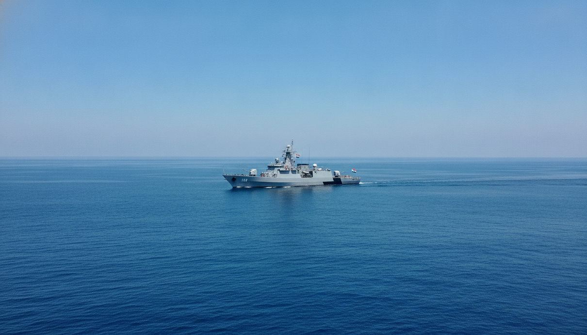 Индийский ракетный корвет в водах Южно-Китайского моря. Военный корабль идет по спокойной воде в ясный день.