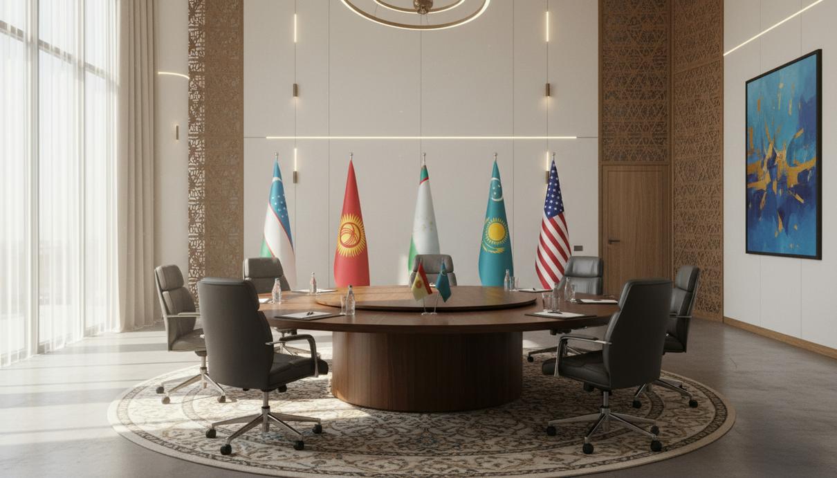 США и Центральная Азия не договорились о проектах на саммите в Самарканде Пустой зал для переговоров в Самарканде с флагами стран Центральной Азии и США на круглом столе.