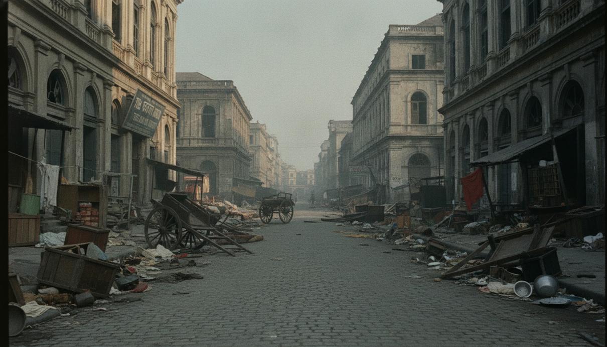 Пустая улица в Калькутте после беспорядков. На мостовой разбросаны обломки и перевернутые повозки. Поврежденные здания колониальной эпохи.